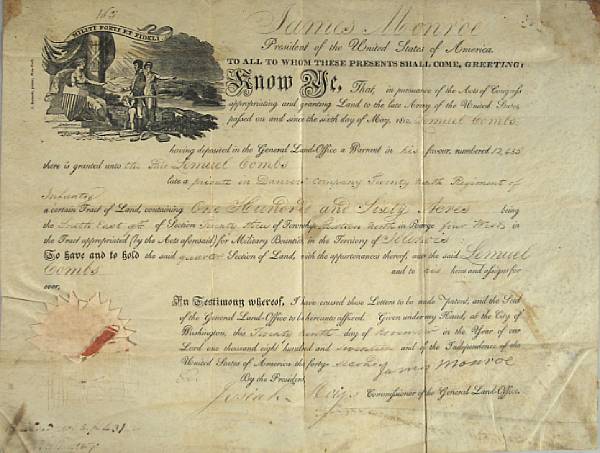 Appraisal: Americana Document Signed James Monroe partially printed and accomplished in