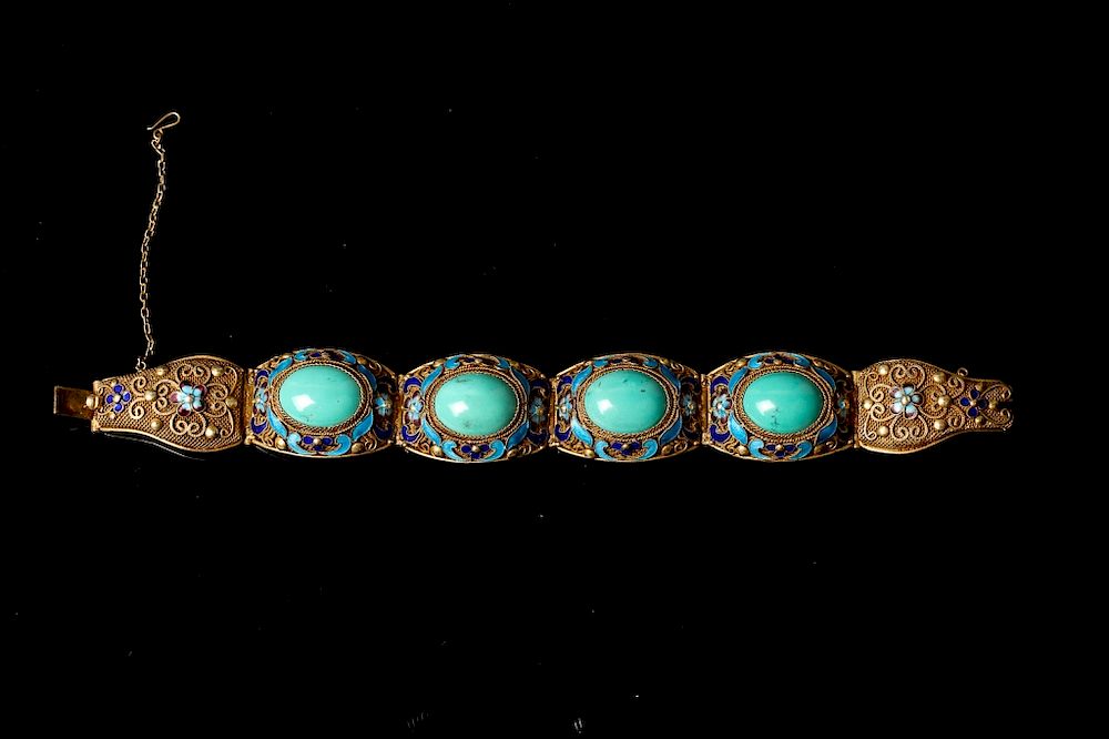 Appraisal: TURQUOISE AND ENAMELING BLUE BRACELET Comprised of six raised enamels