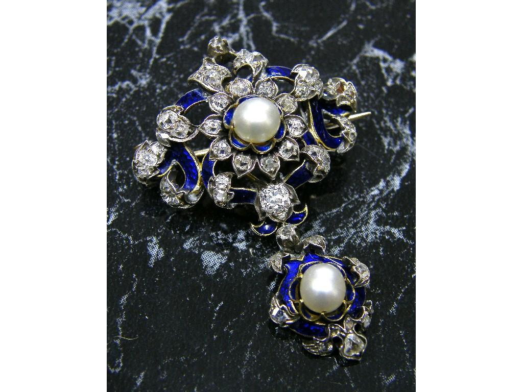 Appraisal: Good period diamond pearl and blue enamel open work brooch