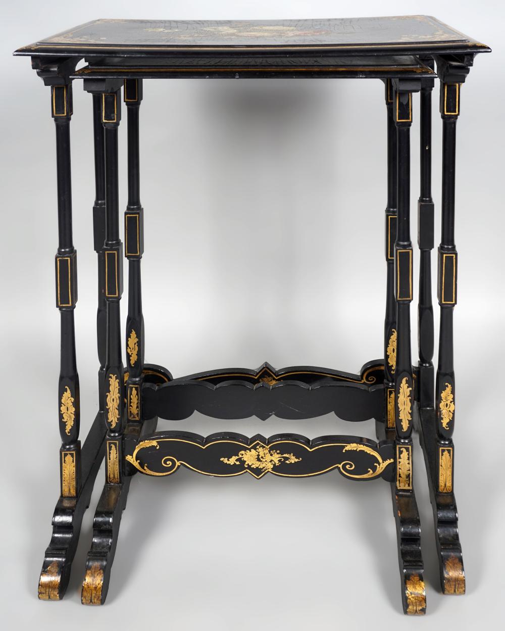 Appraisal: NEST OF TWO VICTORIAN POLYCHROMED PAPIER MACHE BLACK LACQUERED SIDE