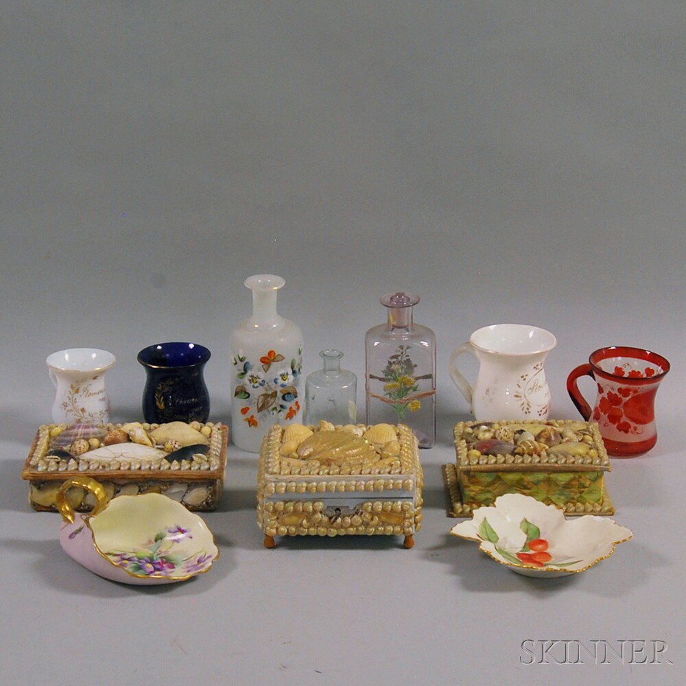 Appraisal: Twelve Miscellaneous Items three shell-adorned boxes six glass bottles and