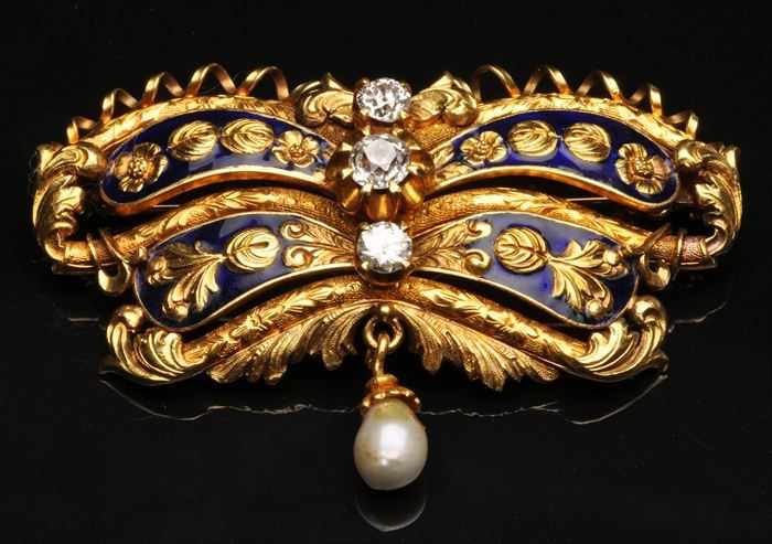 Appraisal: GOLD ENAMEL AND DIAMOND BROOCH Unmarked approx x in