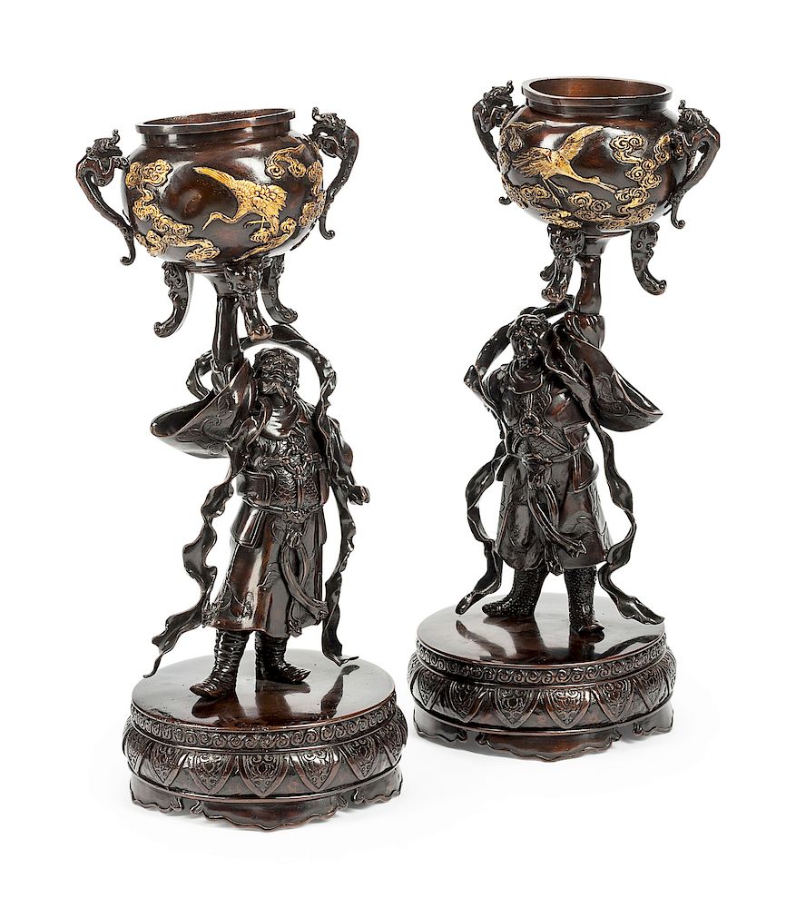 Appraisal: A Pair of Japanese Gilt and Patinated Bronze Figural Censers