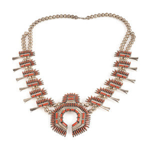 Appraisal: Zuni Sterling Silver and Coral Squash Blossom Necklace second half