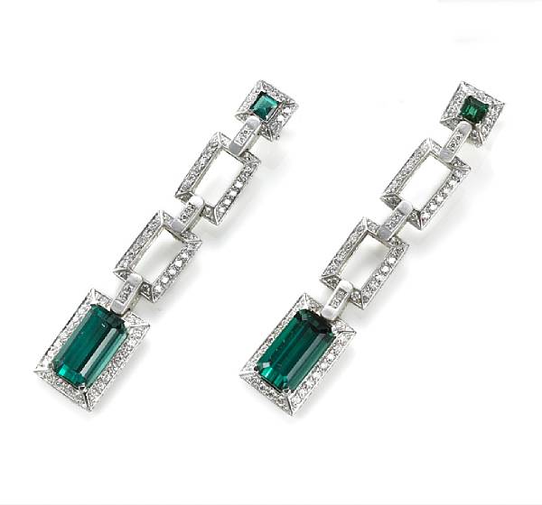 Appraisal: A pair of green tourmaline and diamond pendant earrings estimated