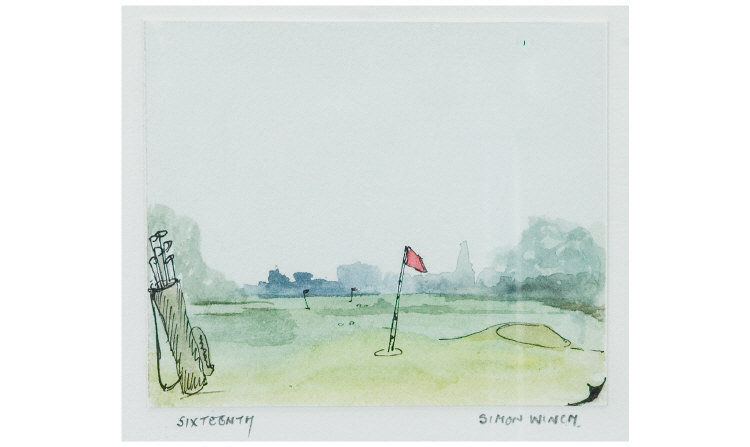 Appraisal: Golf Watercolour with Pen and Ink Titled 'Sixteenth' by Simon