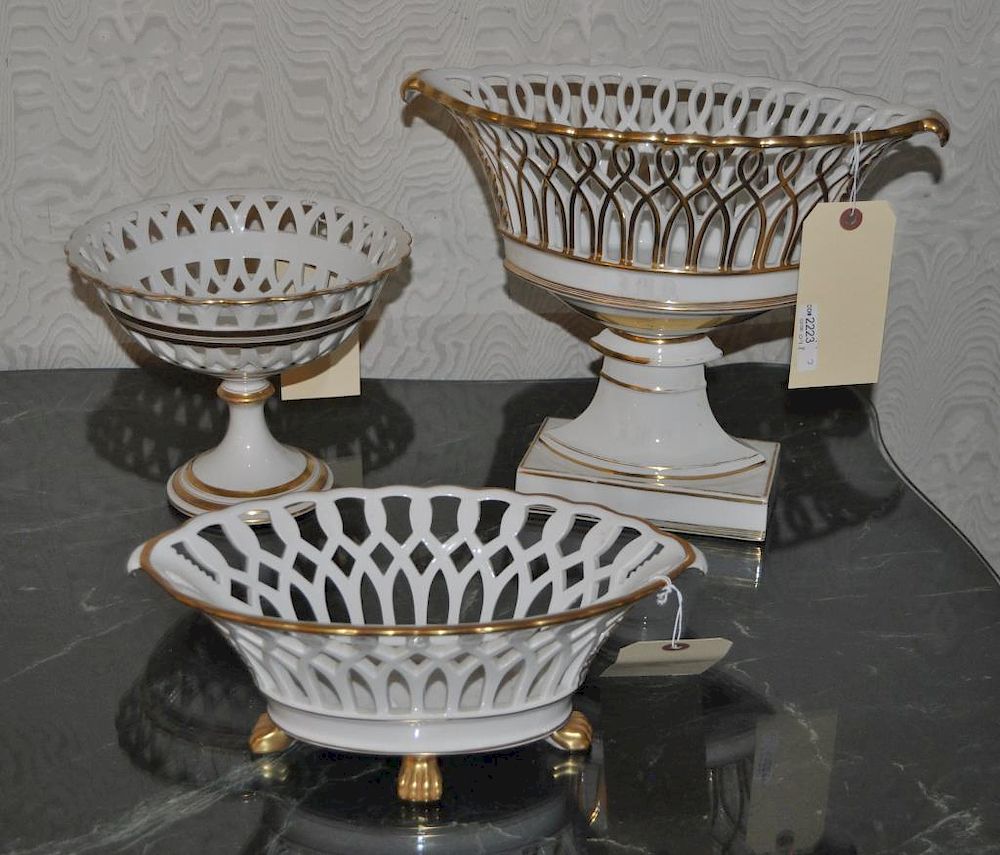 Appraisal: Three Creamware Gilt Porcelain Items comprising an English table basket