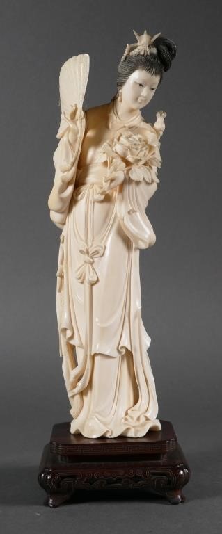 Appraisal: Old Chinese ivory carving of Guanyin Mounted on silver-wire inlaid