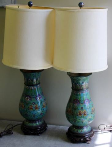 Appraisal: Pair of Vintage Chinese Cloisonne Urns Mounted as lamps Good