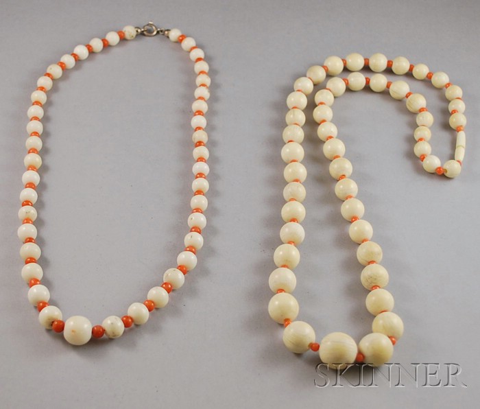 Appraisal: Two Ivory and Coral Beaded Necklaces one ivory and pink