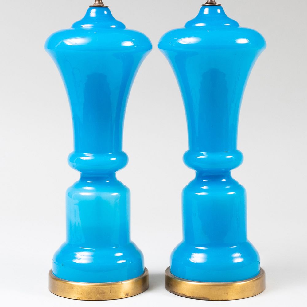 Appraisal: Pair of Blue Opaline Glass Lamps x in diam to