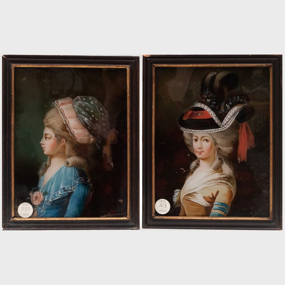 Appraisal: Pair of French Verre glomis Portraits of Ladies in Hats