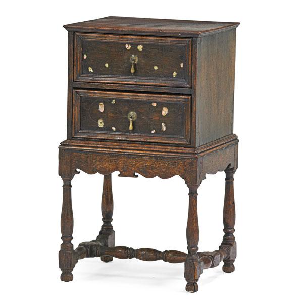 Appraisal: WILLIAM AND MARY BED SIDE CABINET Oak mother of pearl