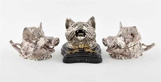 Appraisal: Silverplate figural inkwells pair hog's-head design H '' L ''