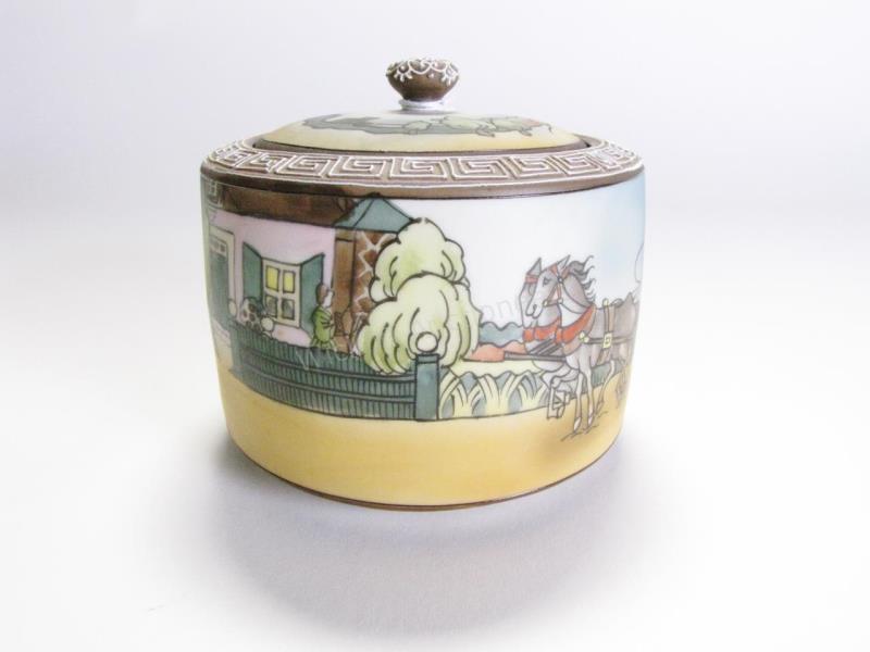 Appraisal: Nippon Hand Painted Humidor depicting horse drawn carriage arriving home