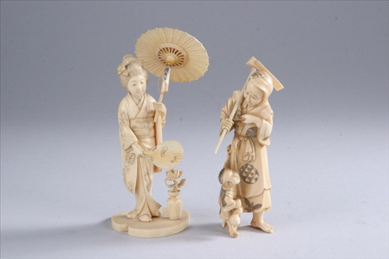 Appraisal: TWO JAPANESE IVORY OKIMONO OF WOMEN - in high in