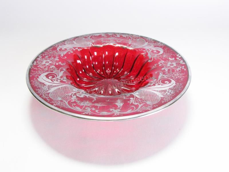 Appraisal: Crimson Center Bowl with Silver Overlay depicting venetian scene and