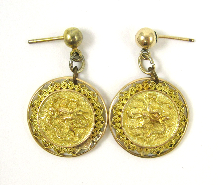 Appraisal: PAIR OF CHINESE GOLD MEDALLION EARRINGS each having a k