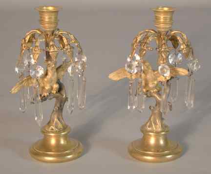 Appraisal: PAIR OF GLASS AND BRASS CANDLESTICKS with engine turned candleholder