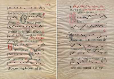 Appraisal: A Pair of Antique Antiphonals on Vellum Hand painted antiphonals