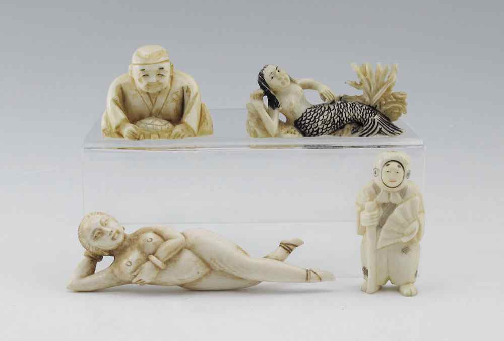 Appraisal: PIECE CARVED IVORY NETSUKE FIGURES To include Carved nude woman