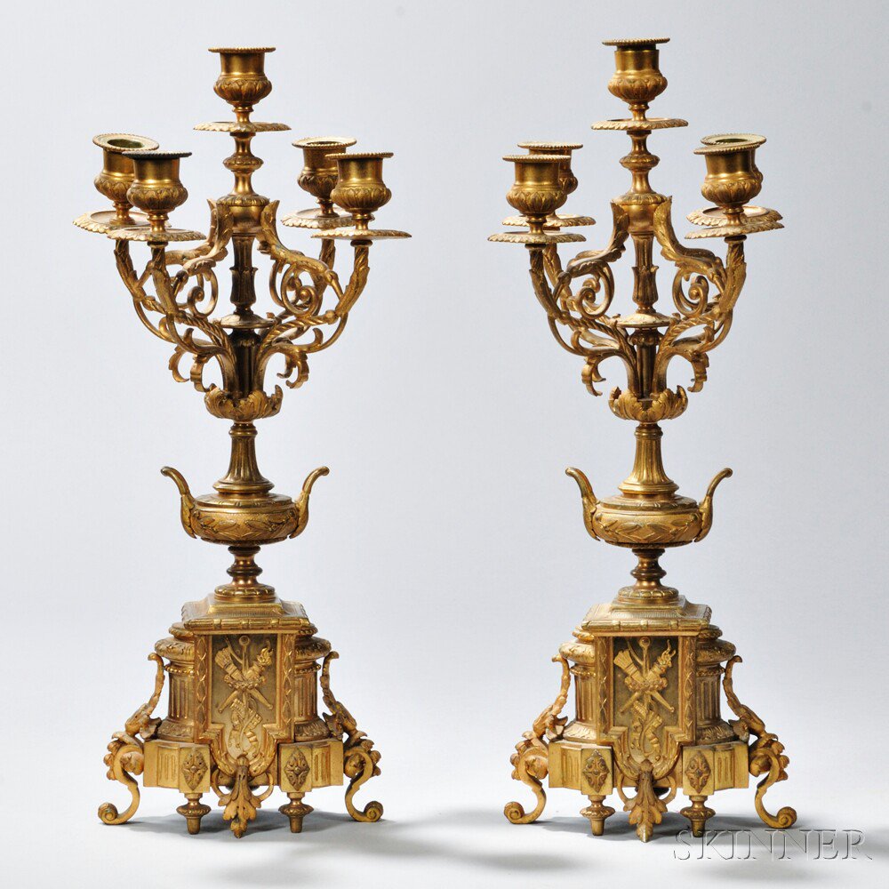 Appraisal: Pair of Gilt-bronze Five-light Candelabra France late th century scrolled