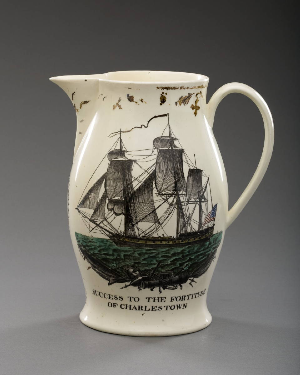 Appraisal: AMERICAN SHIP' AND 'CHARLESTOWN ' ENGLISH CREAMWARE ENAMEL-DECORATED AND BLACK