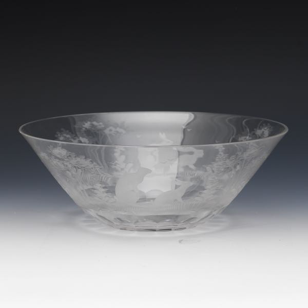 Appraisal: HAND ETCHED CRYSTAL RABBIT BOWL x Clear hand etched crystal