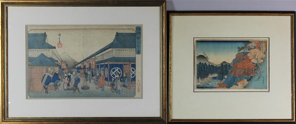 Appraisal: TWO JAPANESE UKIYO-E WOODBLOCK PRINTS including an autumn landscape by