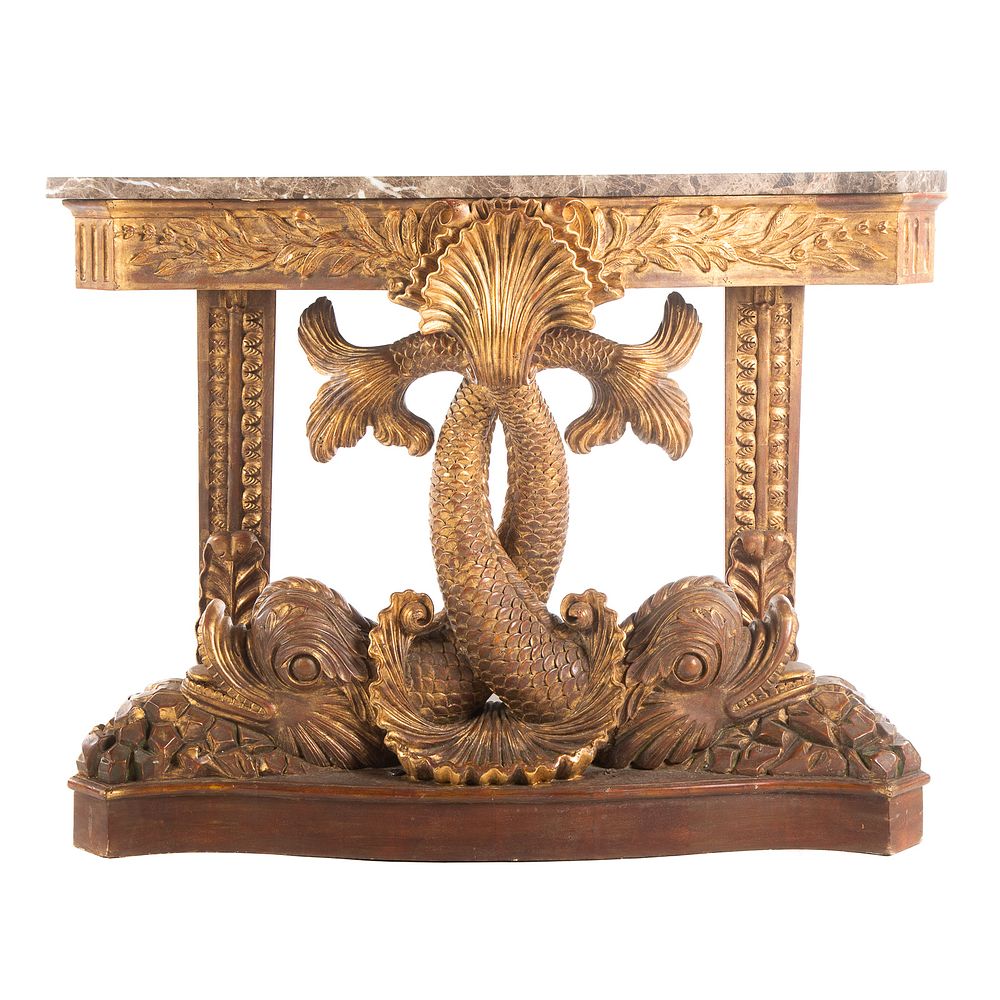 Appraisal: Regency Style Carved Giltwood Console Elaborately carved giltwood base with