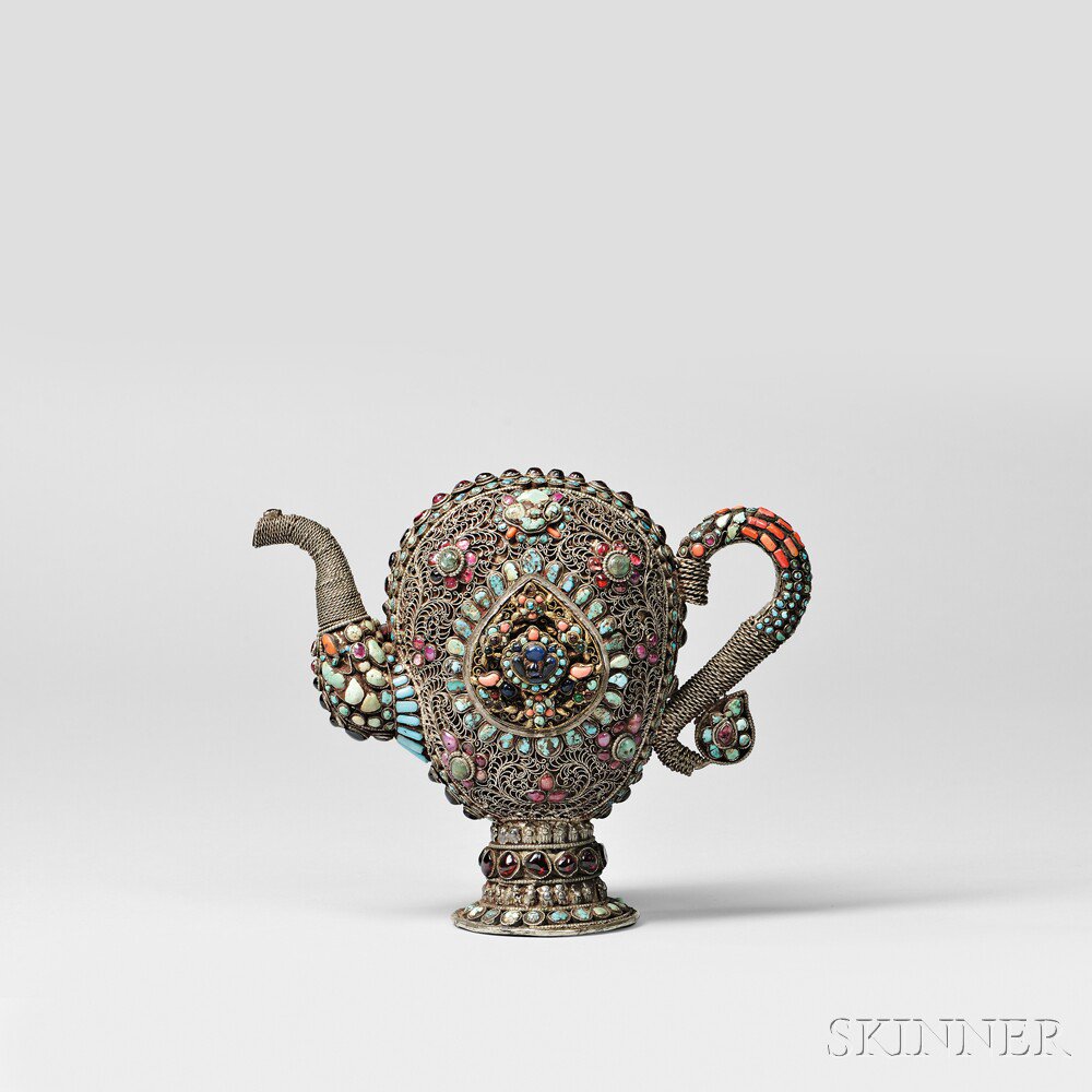 Appraisal: Silver Filigree Jarao Wine Ewer Tibet oviform with S-shaped spout