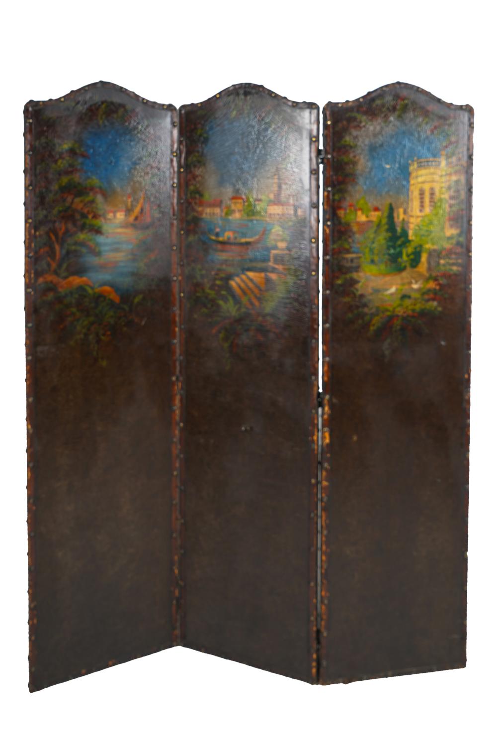 Appraisal: THREE PANEL PAINTED LEATHER SCREENCondition damage to leather with craquelure