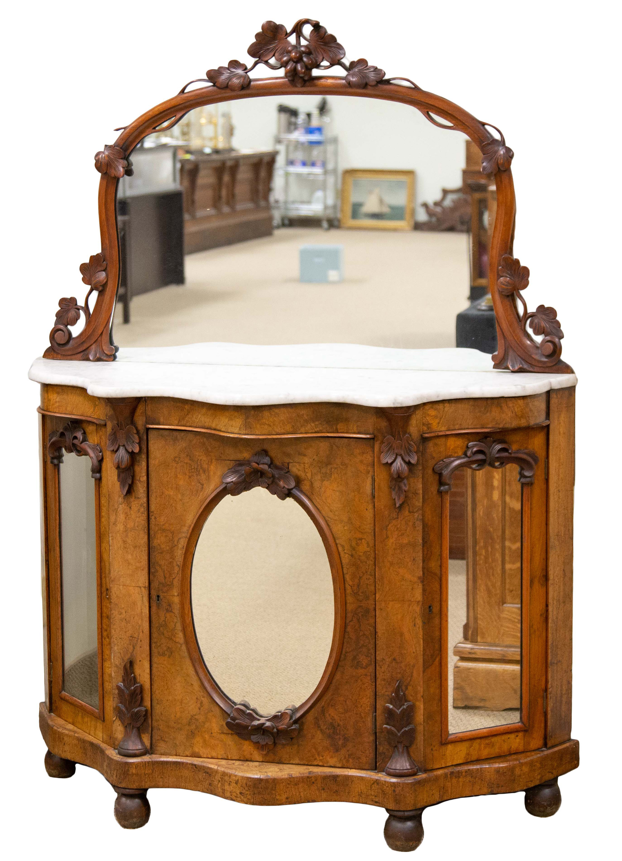 Appraisal: ENGLISH BURL WALNUT WOOD AND MARBLE TOP SIDE CABINET circa