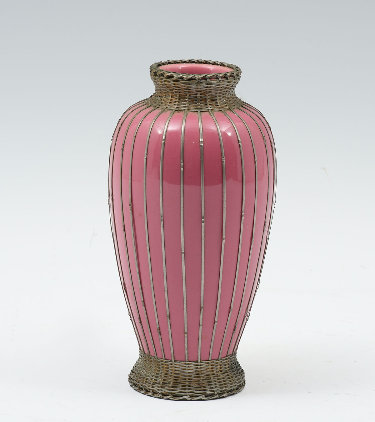 Appraisal: SILVER OVERLAY JAPANESE VASE Pink monochrome Japanese porcelain vase having