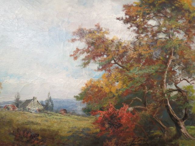 Appraisal: H Bernard oil autumn landscape with farm pond on canvas