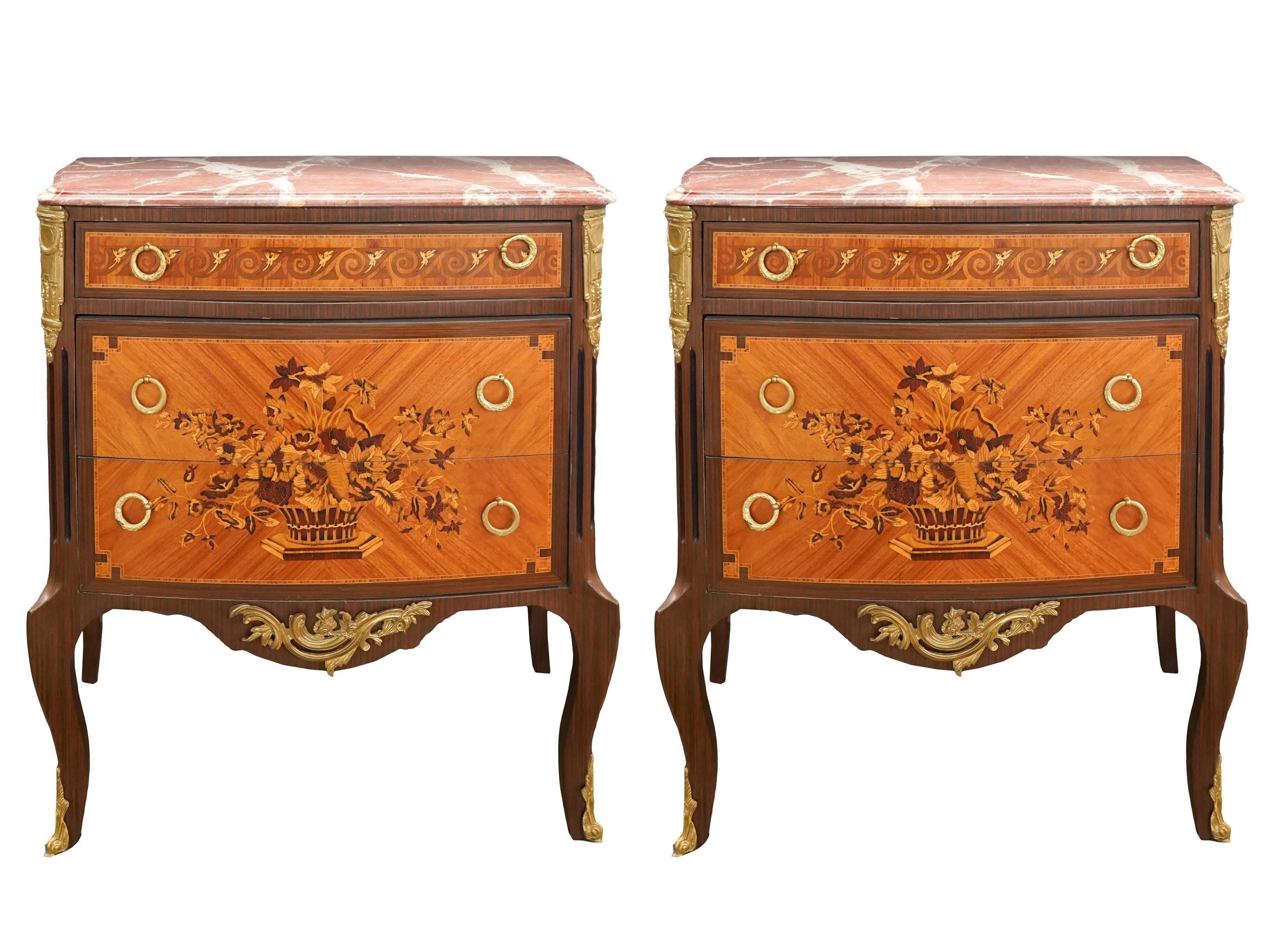 Appraisal: PAIR TRANSITIONAL MARBLE-TOP MARQUETRY COMMODES early st century each with