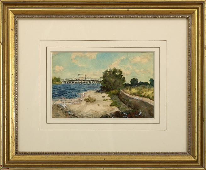 Appraisal: Orlando Vincent Schubert American - River Landscape with Bridge watercolor