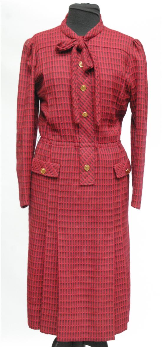 Appraisal: CHANEL WOOL DRESS Maroon red black detail gold buttons sizes