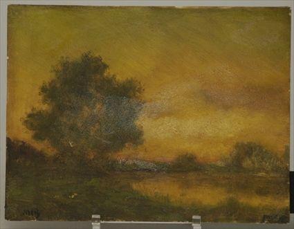 Appraisal: American School Landscape Oil on Paper Laid Down on Glass