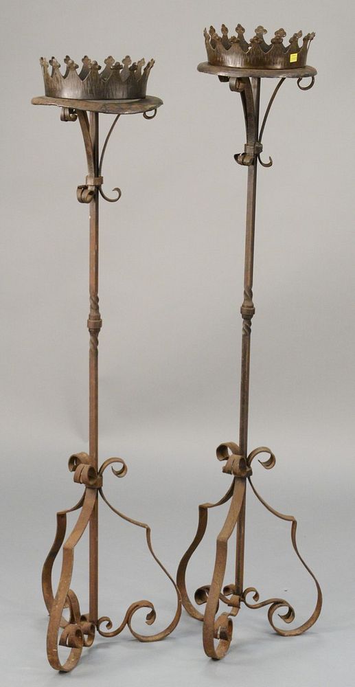 Appraisal: Pair of large iron floor candle prickets crown form gallery