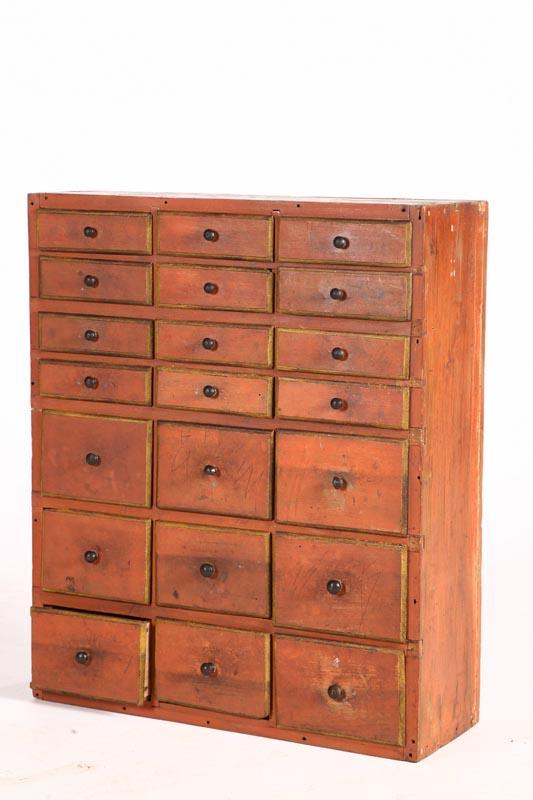 Appraisal: PAINTED APOTHECARY OR HARDWARE CHEST American th century walnut and