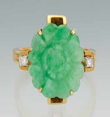 Appraisal: A Ladies' Carved Jade and Diamond Ring k yellow gold