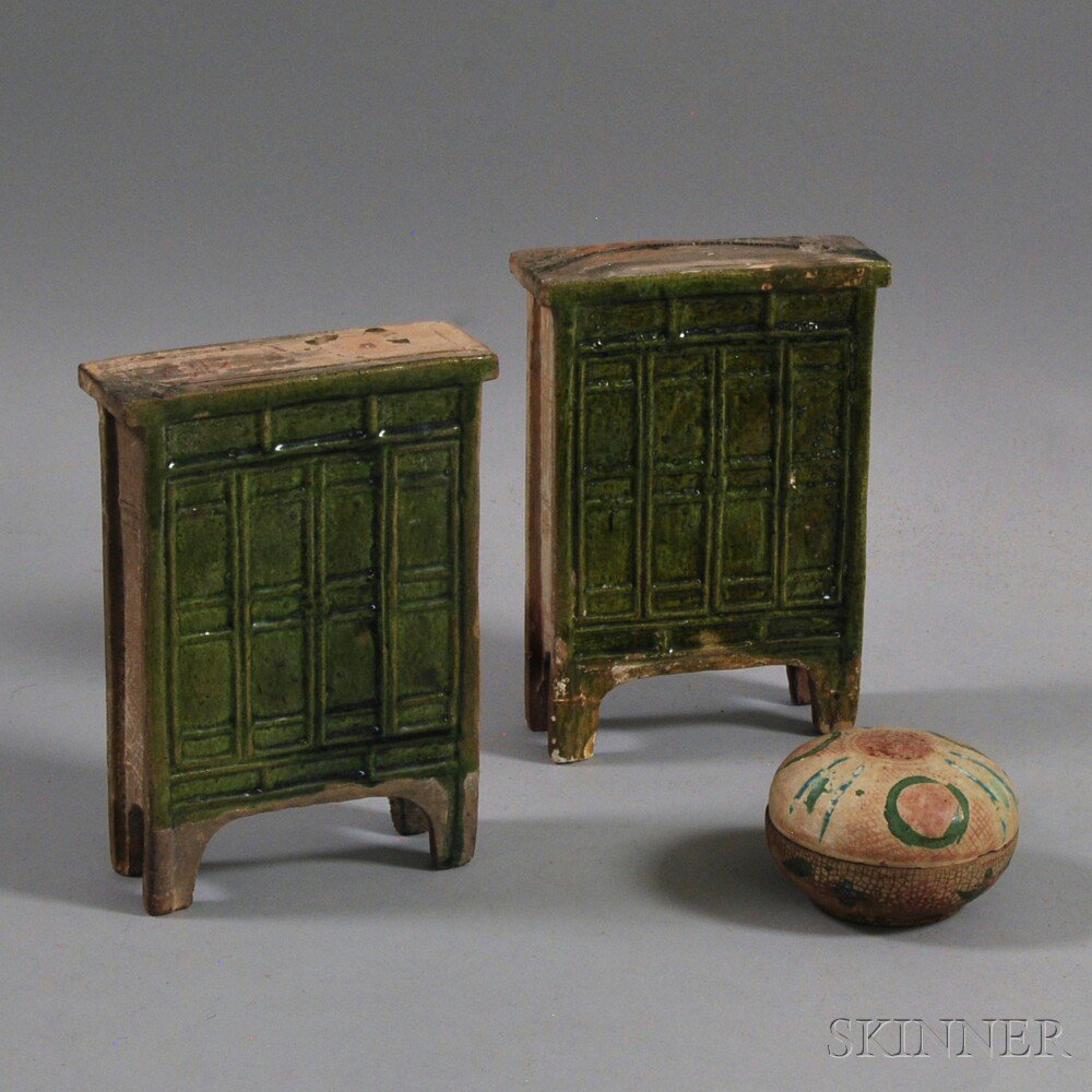 Appraisal: Covered Box and a Pair of Miniature Ceramic Cabinets the