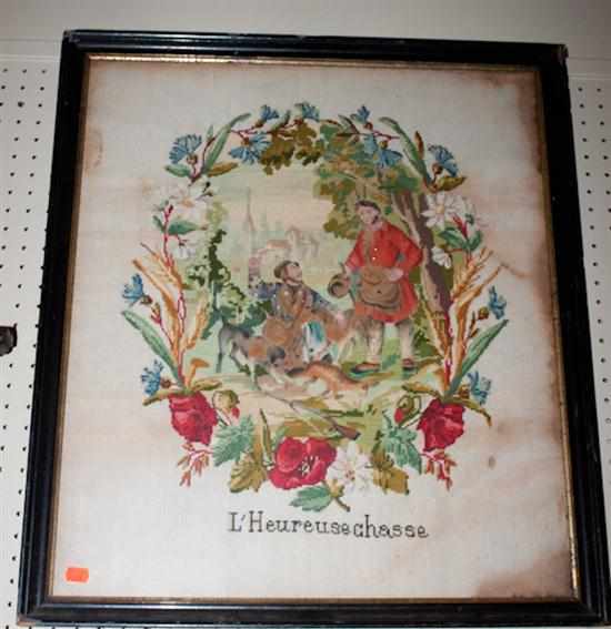 Appraisal: th century needlework picture depicting ''L'Heureusechasse '' framed Estimate -