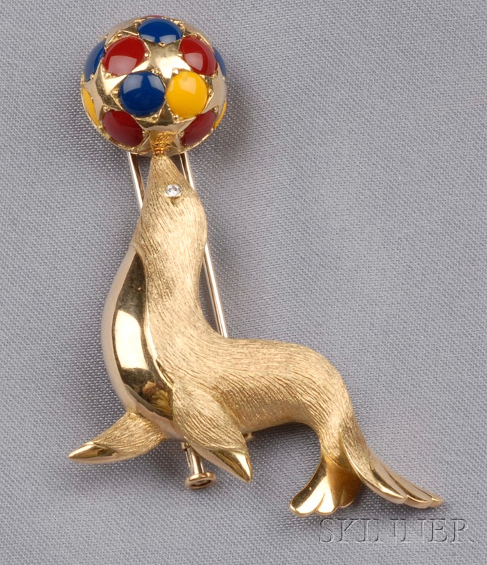 Appraisal: kt Gold Circus Seal Brooch Chaumet Paris balancing a ball