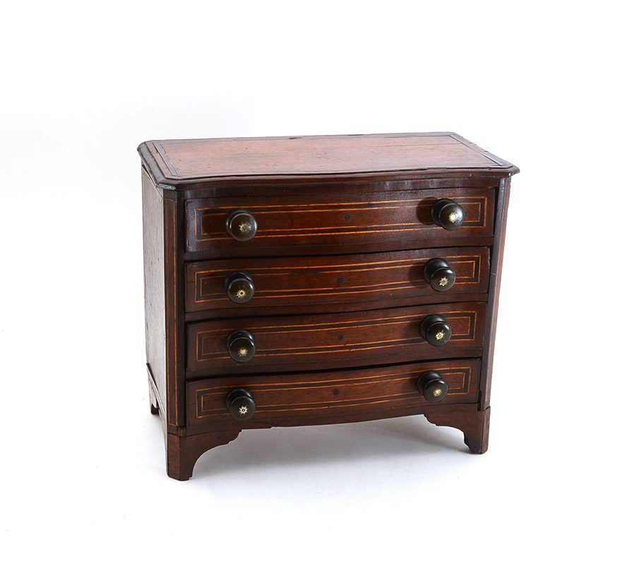 Appraisal: TH CENTURY SALESMAN SAMPLE INLAID CHEST OF DRAWERS Mahogany chest