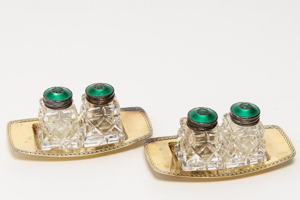 Appraisal: David-Andersen-Style Silver Enamel Salt Shakers Cut crystal bodies enameled sterling