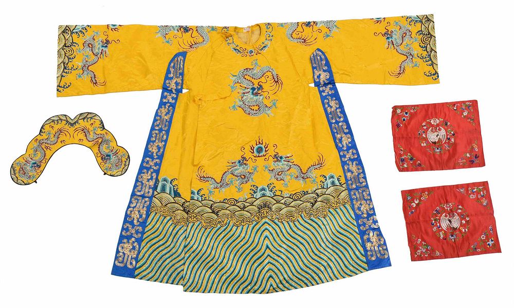 Appraisal: Chinese Robe and Wall Hanging silk embroidered robe yellow ground