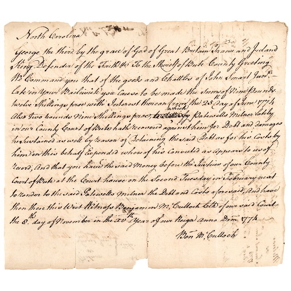 Appraisal: North Carolina Doc Signed by Continental Army General Jethro E