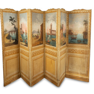 Appraisal: An Italian Six-Panel Painted Canvas Floor Screen TH TH CENTURY